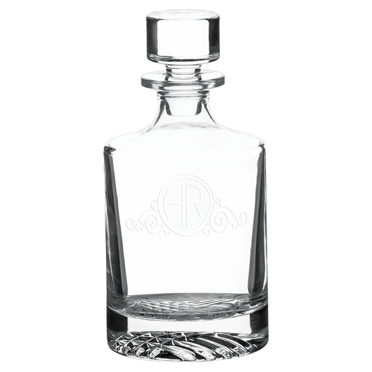 Round clear glass whiskey decanter, 850 mL, in a black gift box
