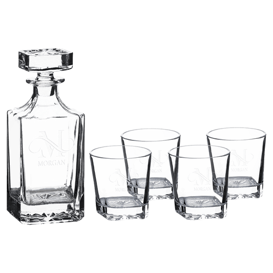 Square glass whiskey decanter set with four matching 11 oz rocks glasses in a black gift box