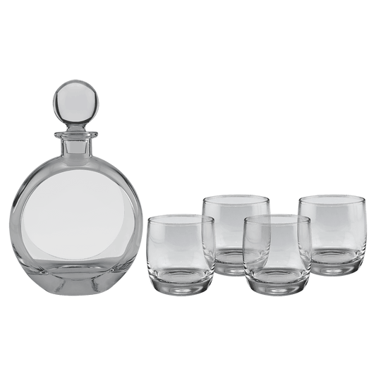 Flat Round glass whiskey decanter set with four matching 10 oz rocks glasses in a black gift box