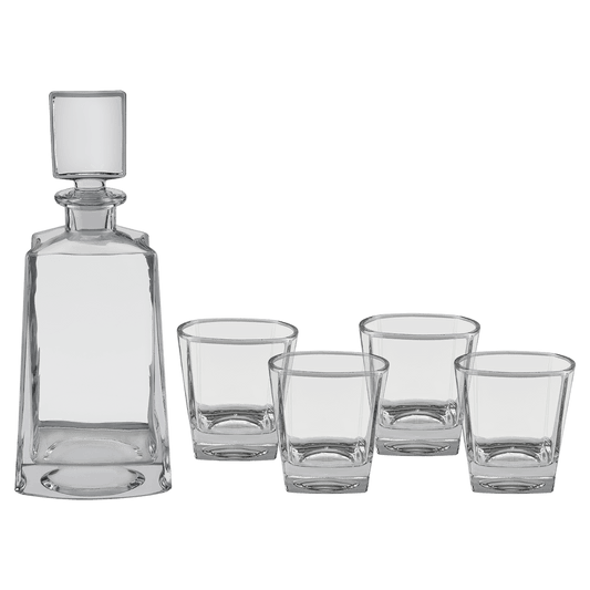 Tequila glass whiskey decanter set with four matching 8 oz rocks glasses in a black gift box
