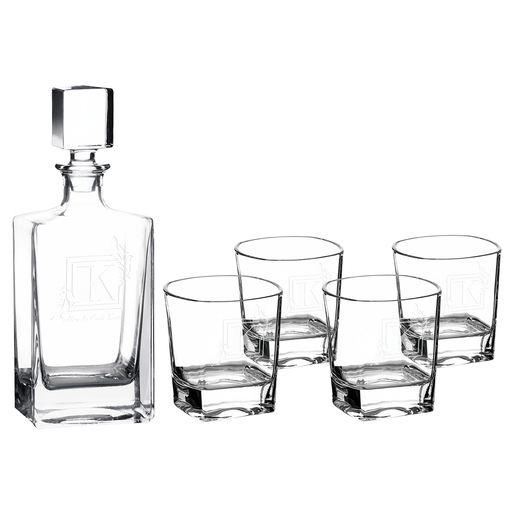 Rectangle glass whiskey decanter set with four matching 8 oz rocks glasses in a black gift box