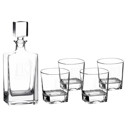 Rectangle glass whiskey decanter set with four matching 8 oz rocks glasses in a black gift box