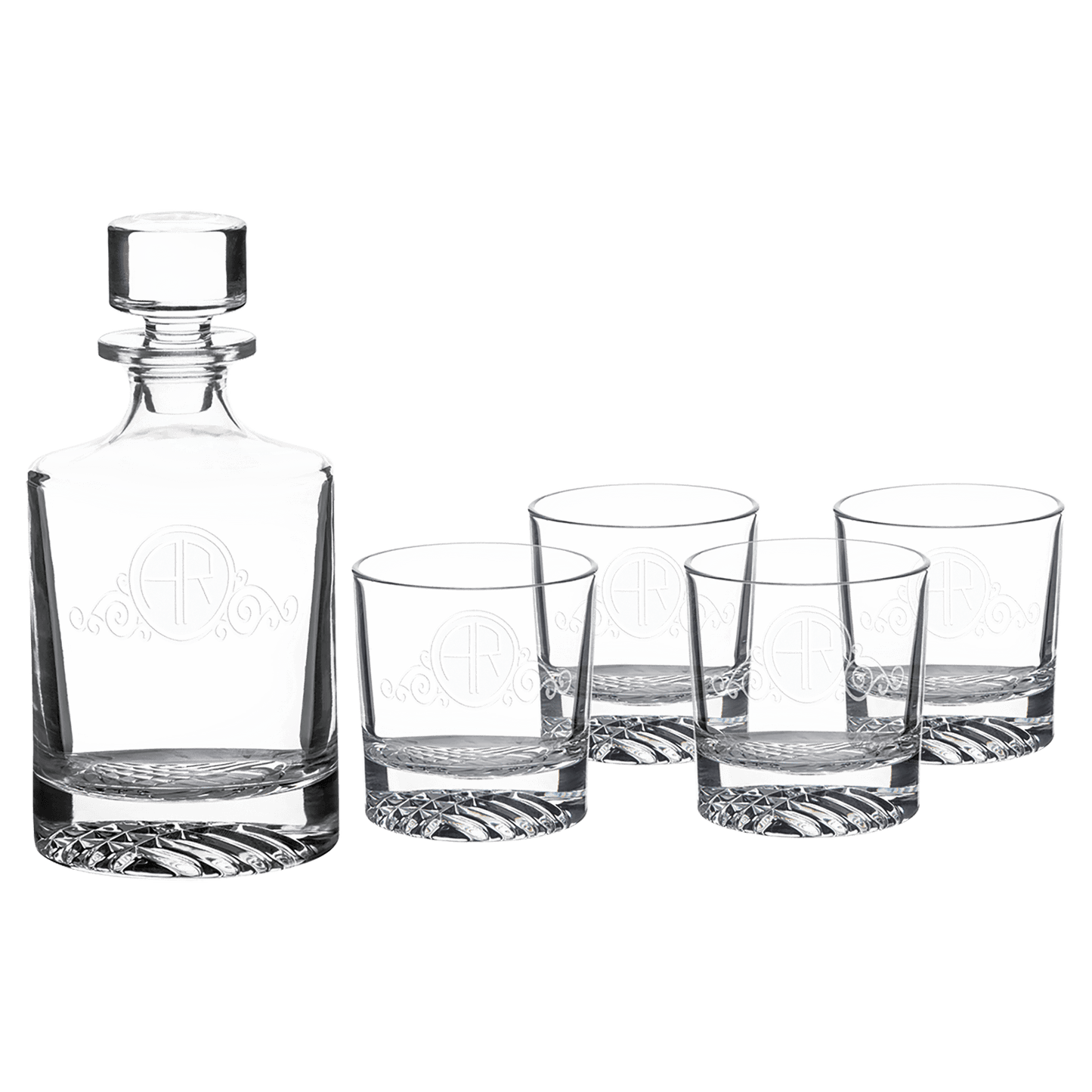 Round glass whiskey decanter set with four matching 9 oz rocks glasses in a black gift box