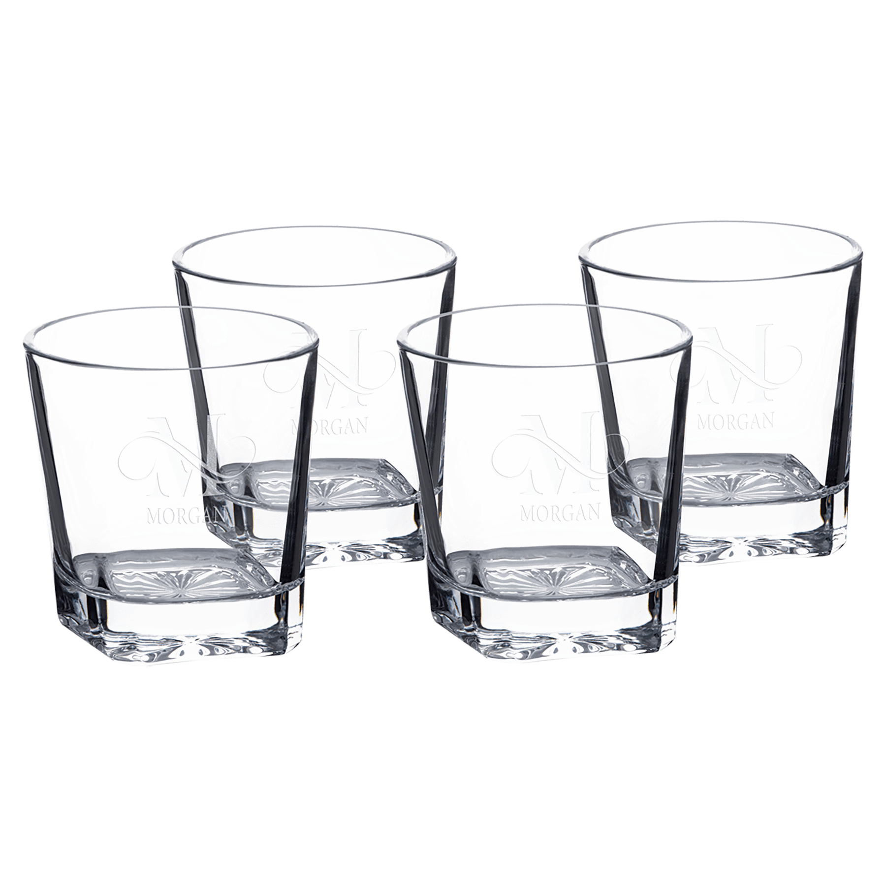 Set of four square 11 oz heavy-base glass whiskey rocks glasses in a black gift box