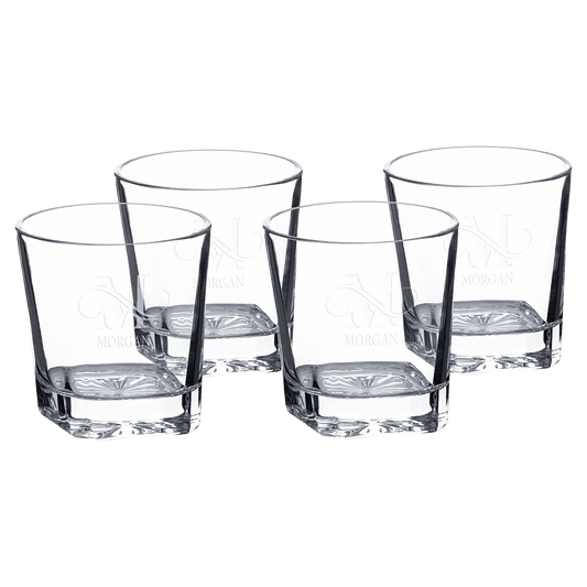 Set of four square 11 oz heavy-base glass whiskey rocks glasses in a black gift box