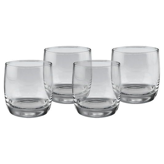 Set of four flat round 10 oz heavy-base glass whiskey rocks glasses in a black gift box