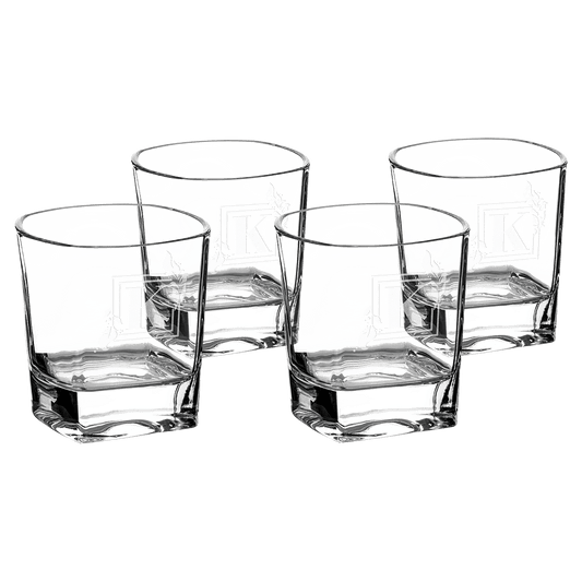 Set of four rectangle 8 oz heavy-base glass whiskey rocks glasses in a black gift box