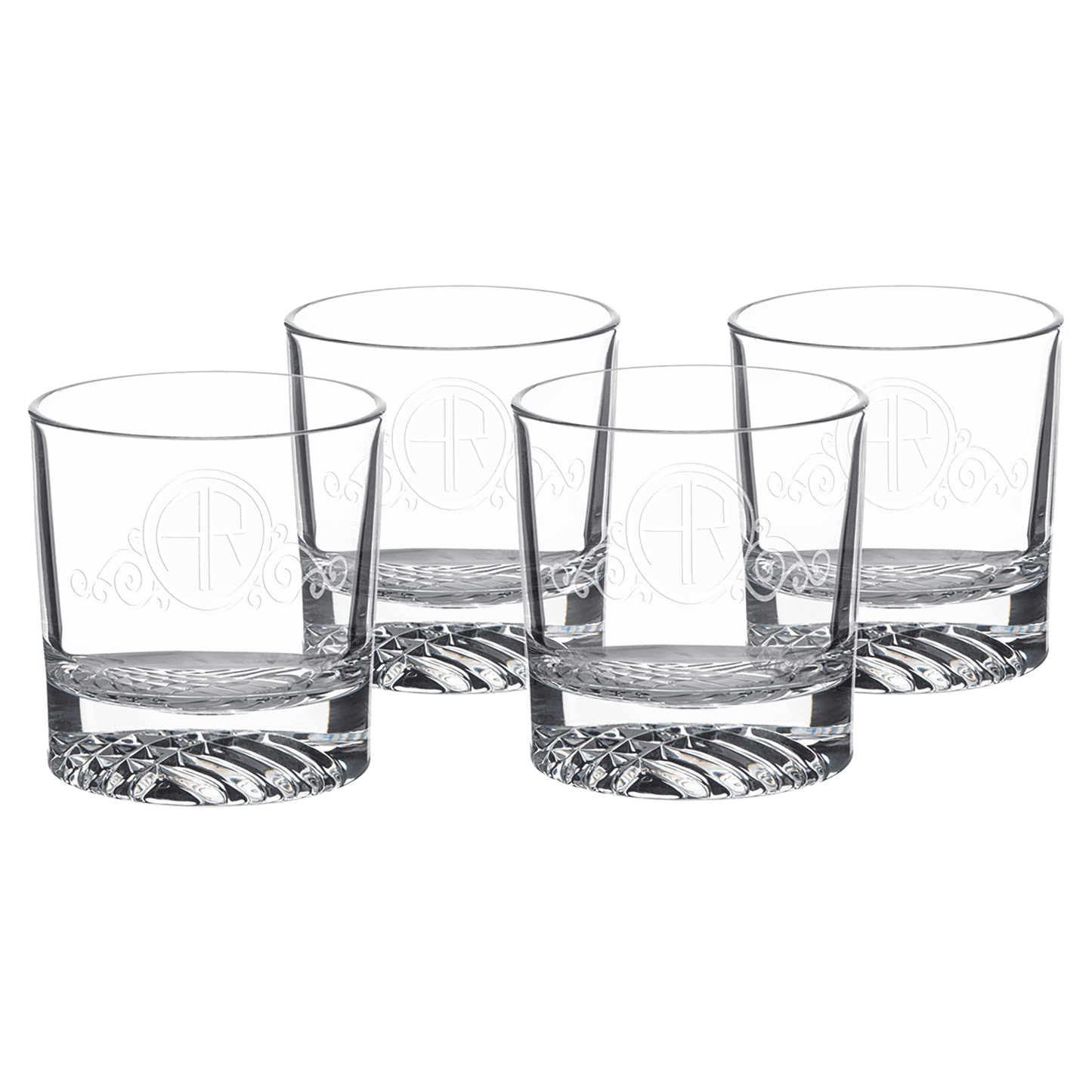Set of four round 9 oz heavy-base glass whiskey rocks glasses in a black gift box