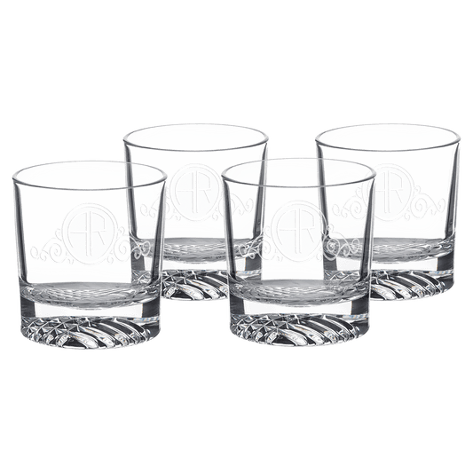 Set of four round 9 oz heavy-base glass whiskey rocks glasses in a black gift box