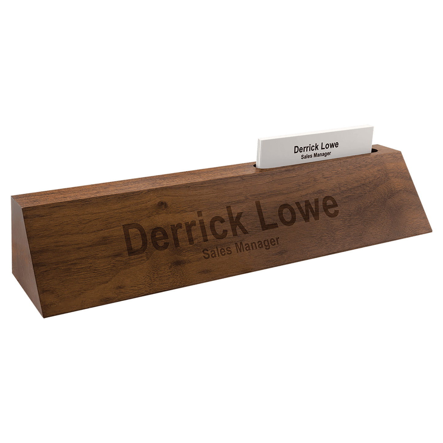 Genuine walnut desk wedge name plate with business card holder