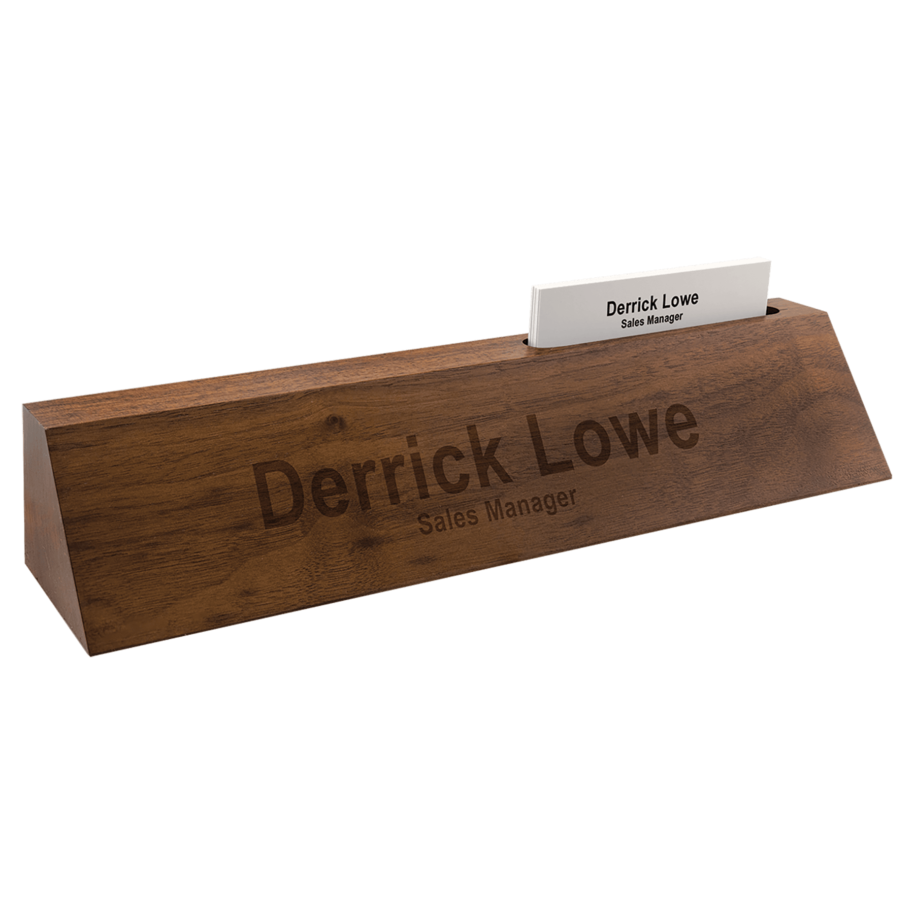 Genuine walnut desk wedge name plate with business card holder