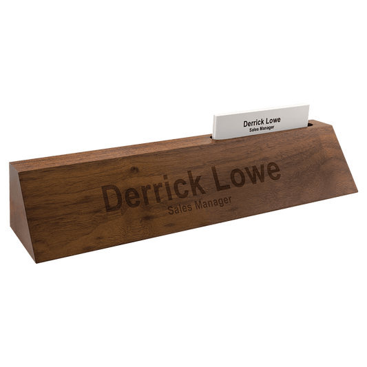 Genuine walnut desk wedge name plate with business card holder