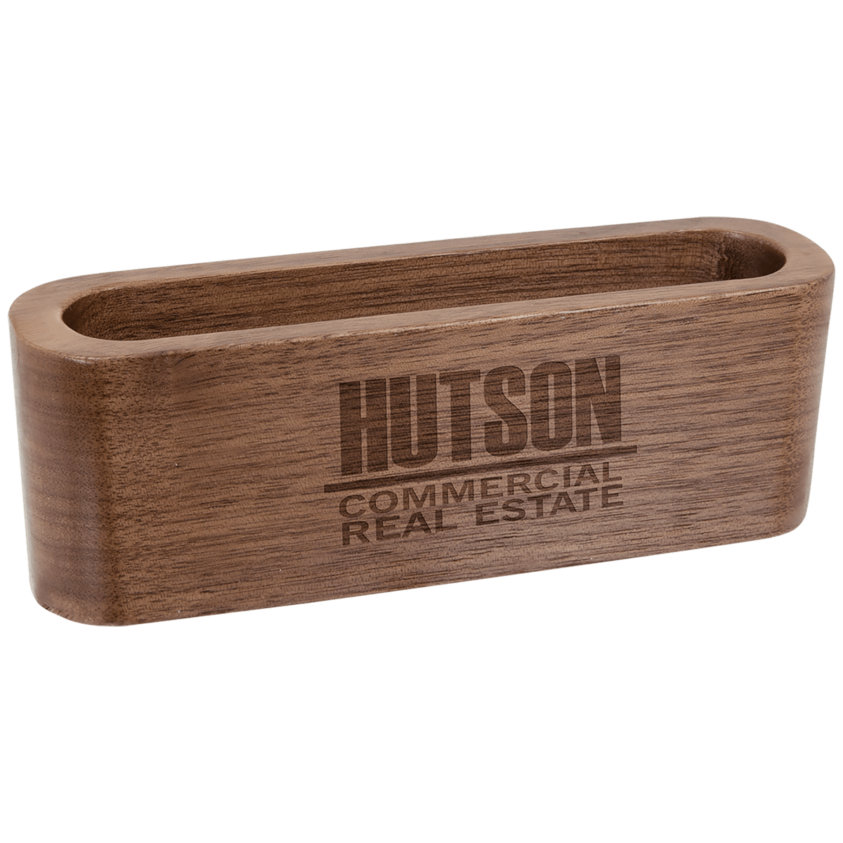Personalized walnut wood business card holder for desk