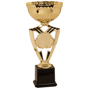 Gold trophy cup on a winged riser base