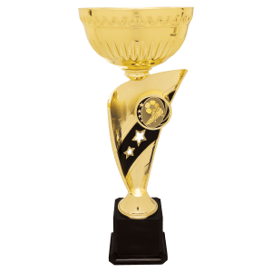 Gold cup on a star-accented column riser on a black base