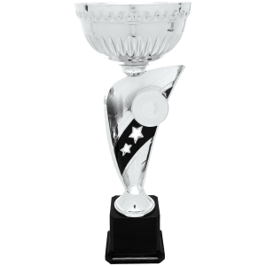 Silver cup on a star-accented column riser on a black base