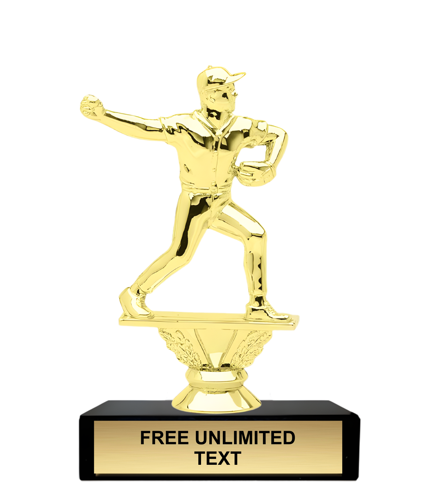 Gold trophy baseball pitcher figure on a black base with text space