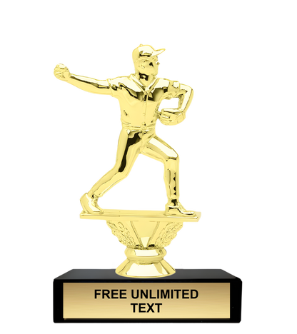 Gold trophy baseball pitcher figure on a black base with text space
