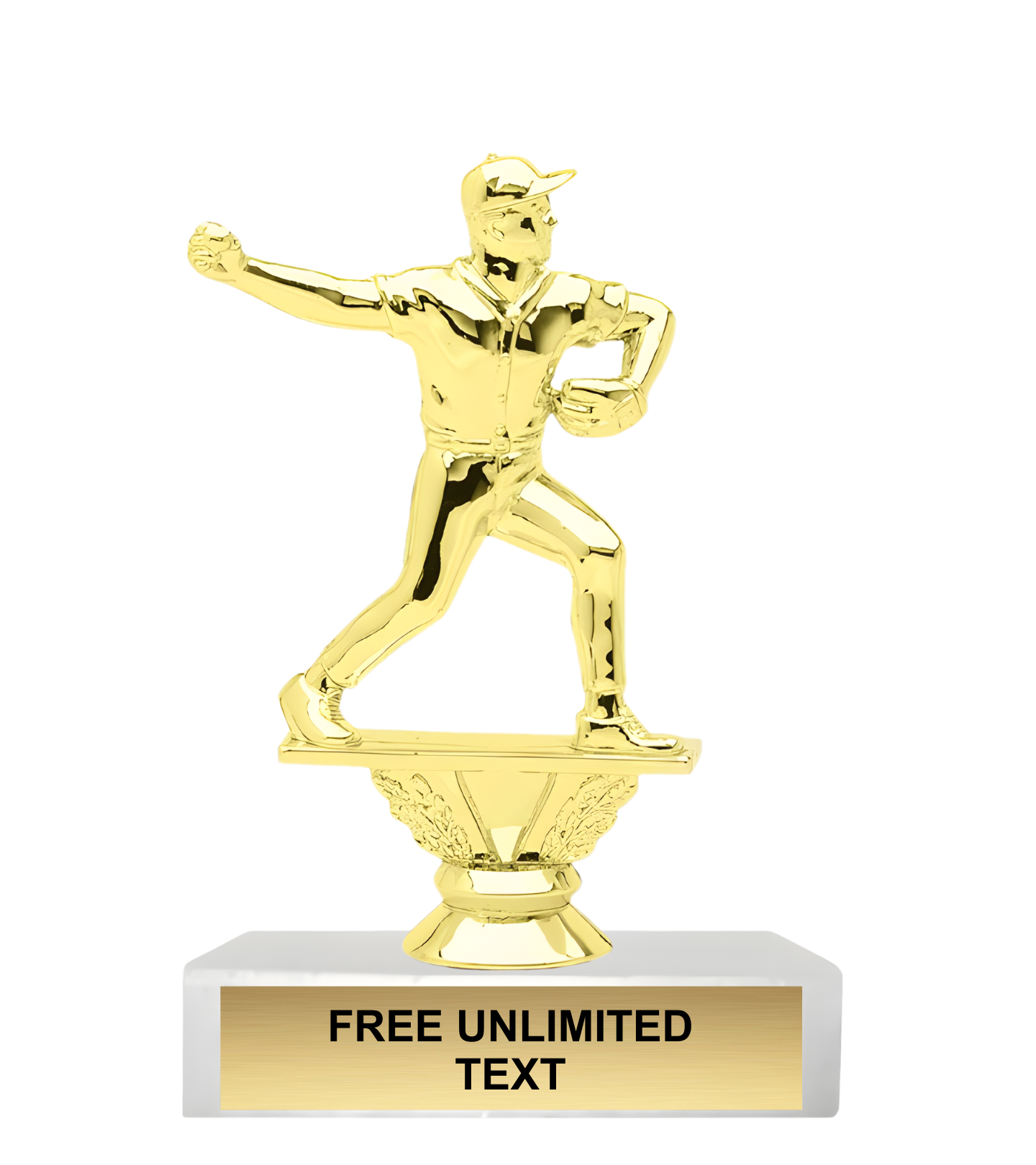 Gold trophy baseball pitcher figure on a white marble base