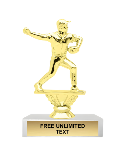 Gold trophy baseball pitcher figure on a white marble base