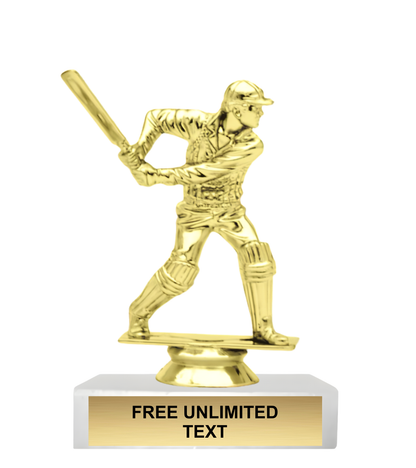 Gold cricket batsman trophy figure on a white marble base with engraved nameplate