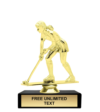 Gold trophy of a female field hockey player on a black base with customizable text.