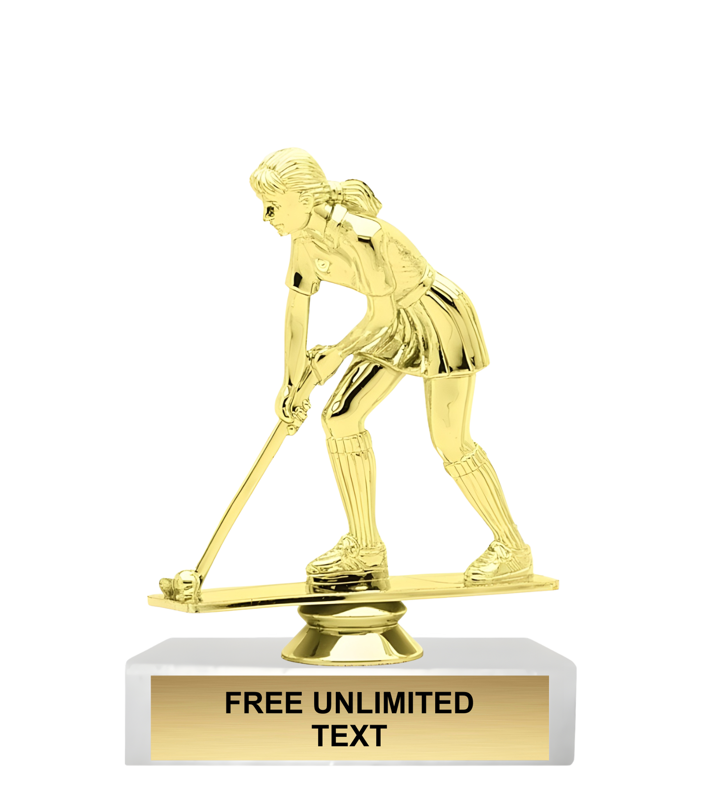 Gold trophy of a female field hockey player on a white background