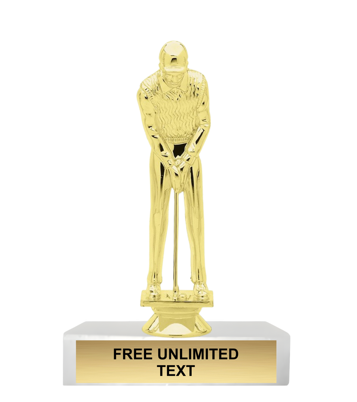 Gold male golfer trophy lining up a putt on a white marble base with a gold engraved nameplate
