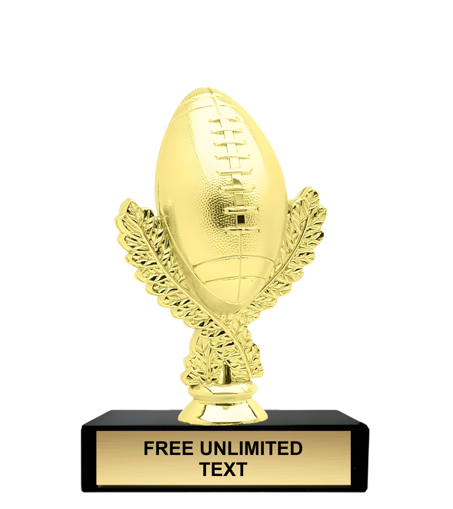 Gold football trophy with a black base on a white background