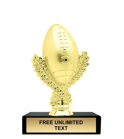 Gold football trophy with a black base on a white background