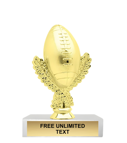Gold football trophy with decorative base on a white background