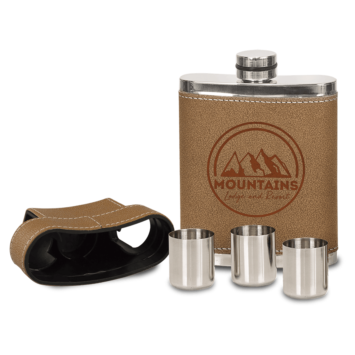 Personalized 7 oz leather wrapped flask kit with shot glasses in lid