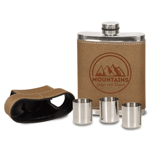 Personalized 7 oz leather wrapped flask kit with shot glasses in lid