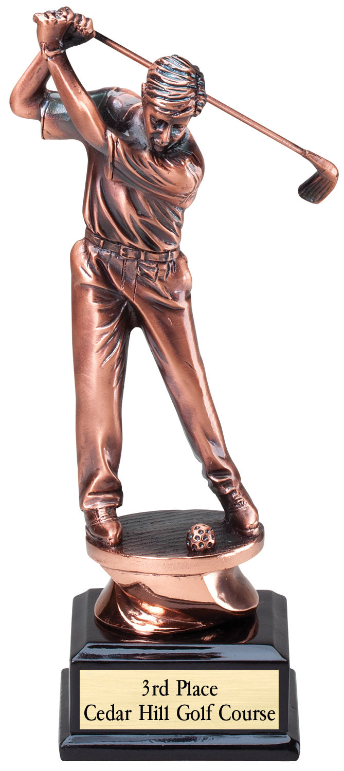 Copper-finish golfer with a driver beside a glass panel, 8¼" size