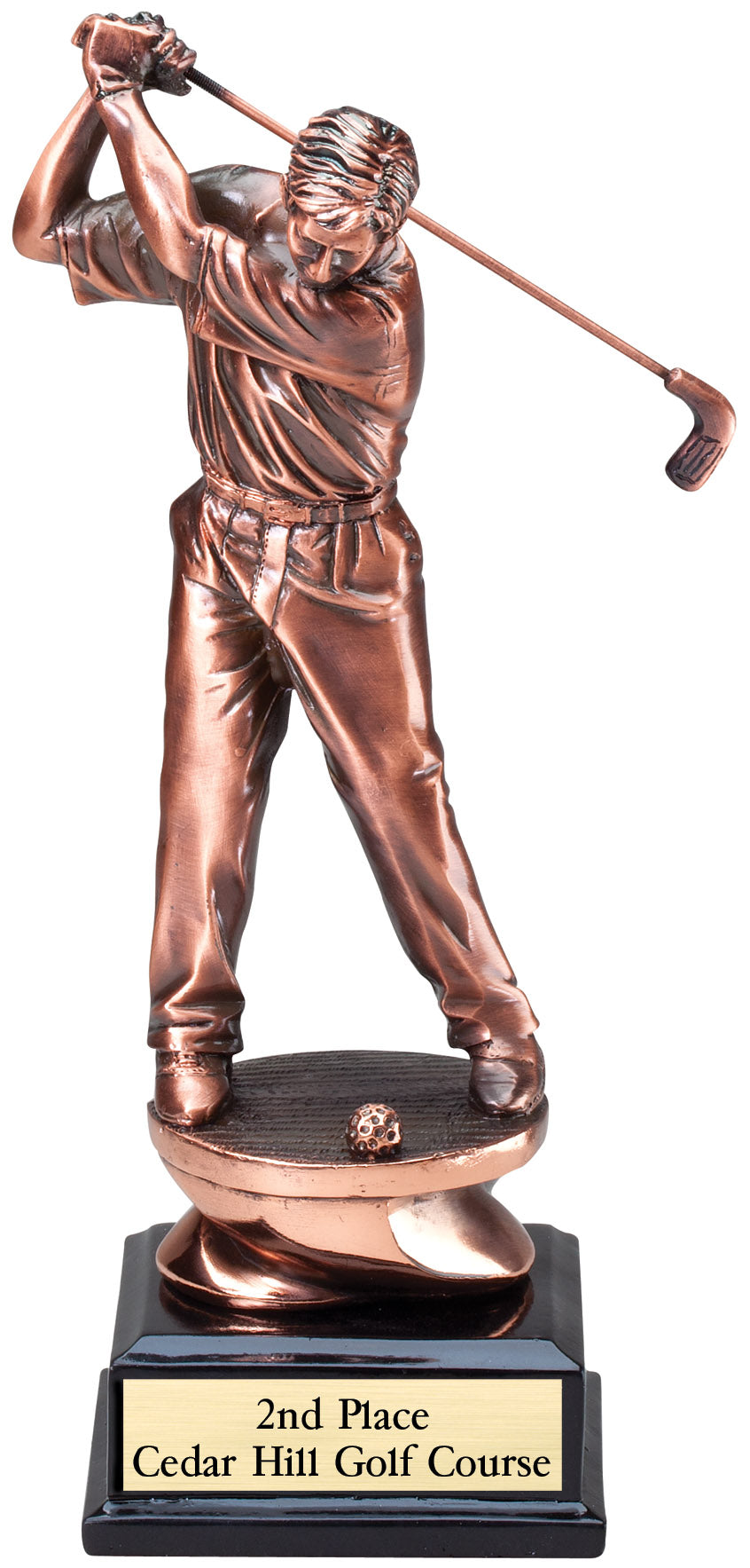 Copper-finish golfer with a driver beside a glass panel, 9¼" size