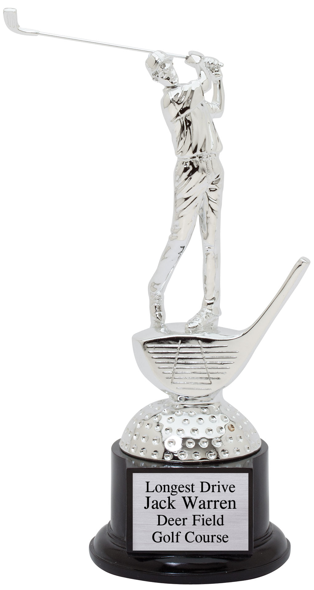 Silver male golfer in full swing on a black base