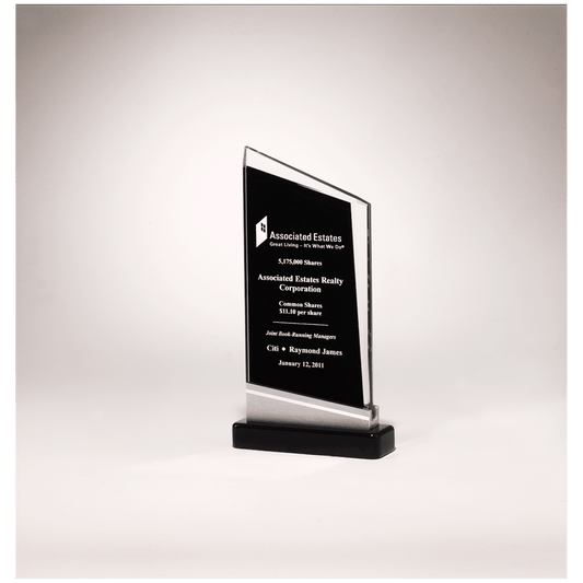 Zenith Series Glass Award, Black Piano Finish Base with Silver Aluminum Accent, 4 3/4" x 7 7/8"