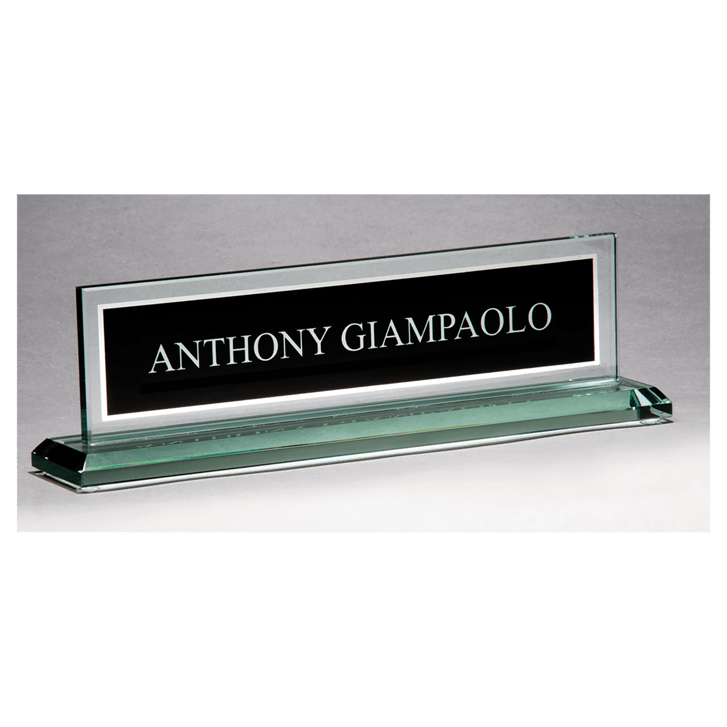 Black silk-screened glass desk name plate with mirror border