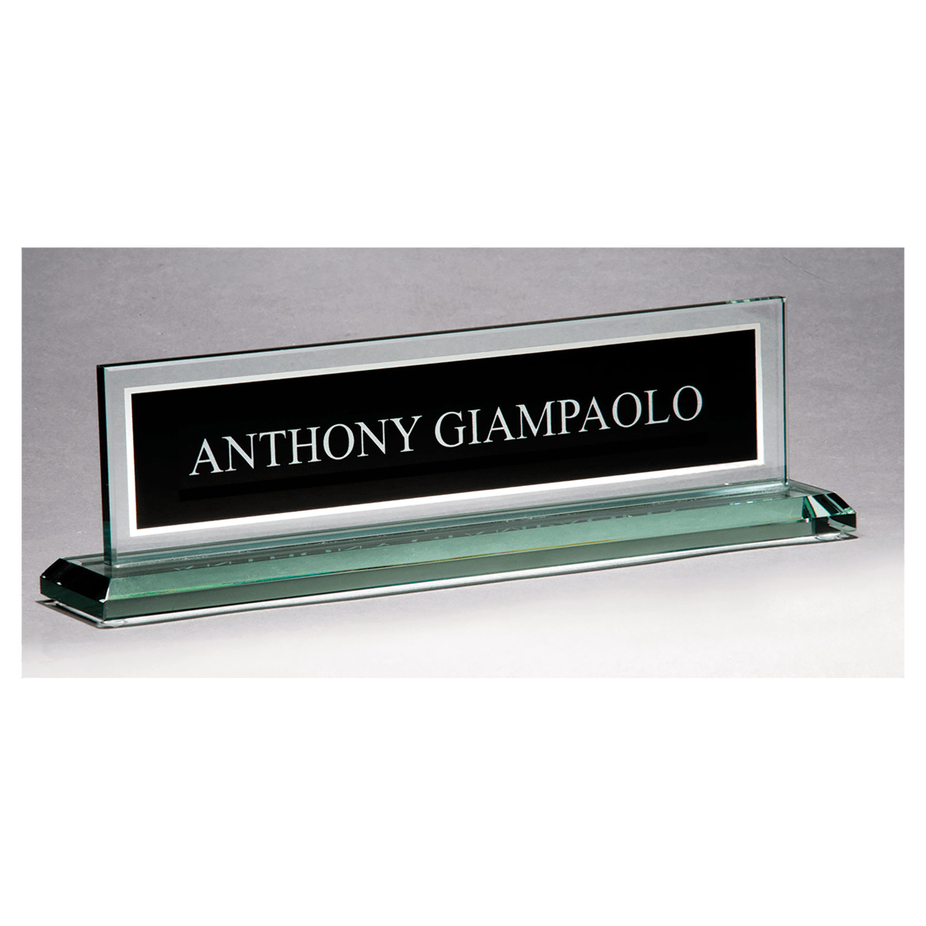 Black silk-screened glass desk name plate with mirror border