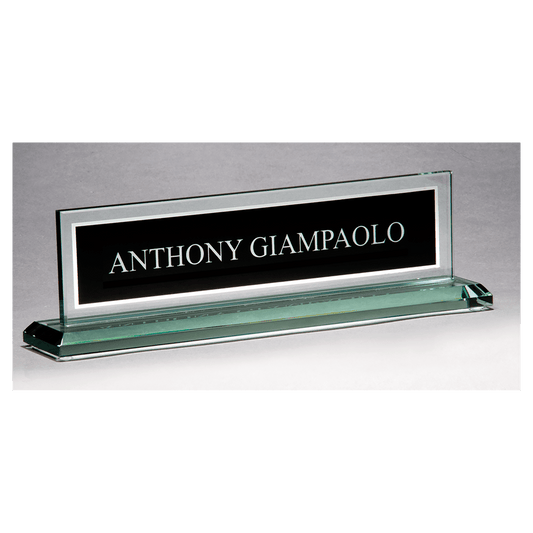Black silk-screened glass desk name plate with mirror border