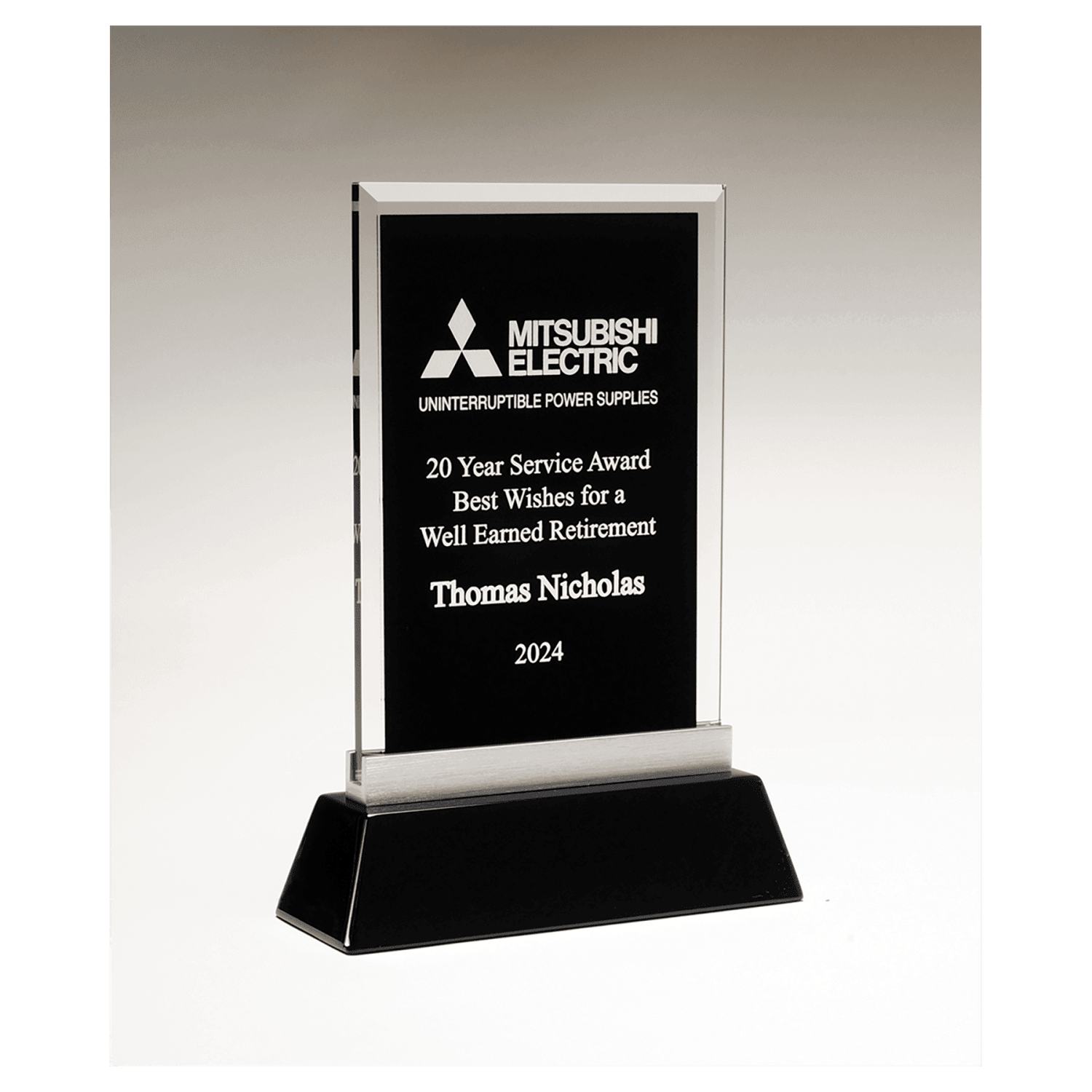 Rectangular Black Silkscreened Glass Award with Black Piano Finish Base, 6 1/4" x 8 7/8"
