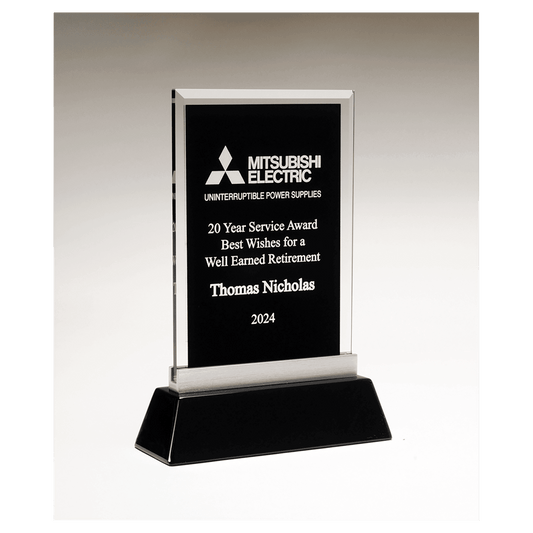 Rectangular Black Silkscreened Glass Award with Black Piano Finish Base, 6 1/4" x 8 7/8"