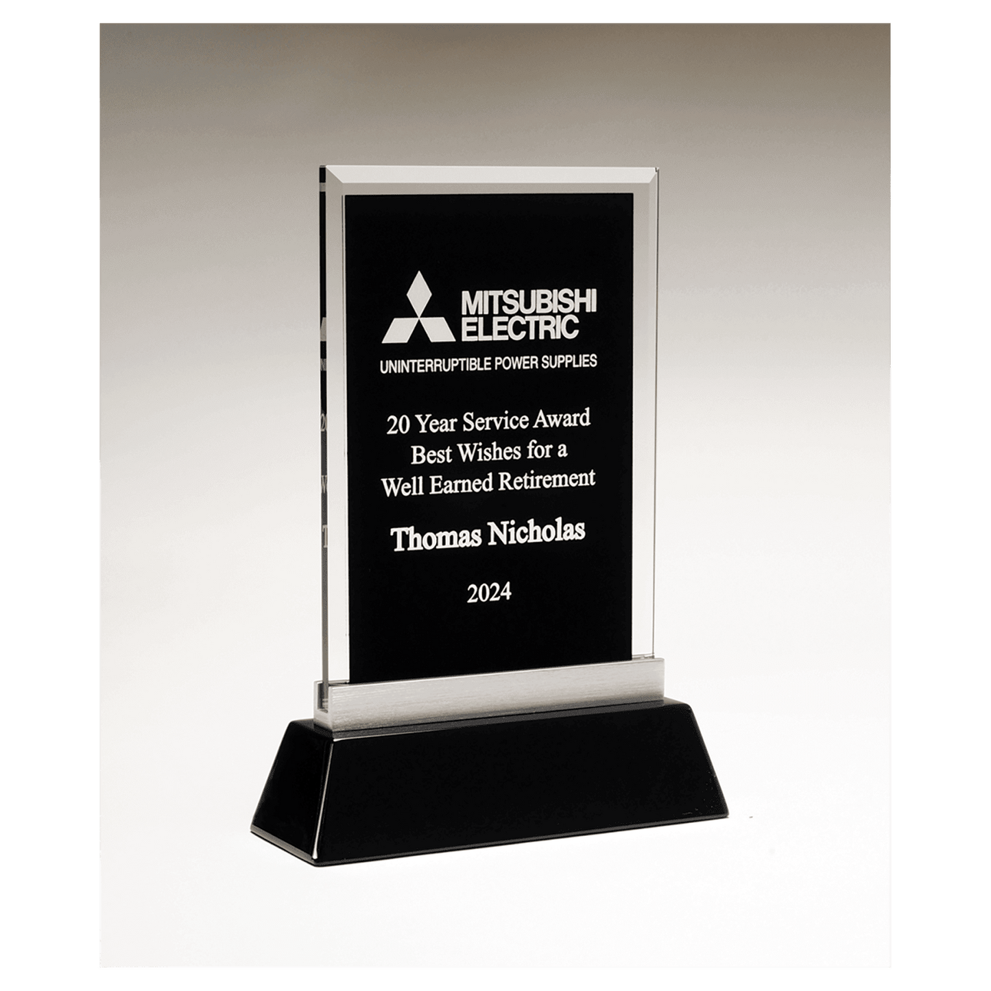 Rectangular Black Silkscreened Glass Award with Black Piano Finish Base, 7 1/4" x 9 7/8"