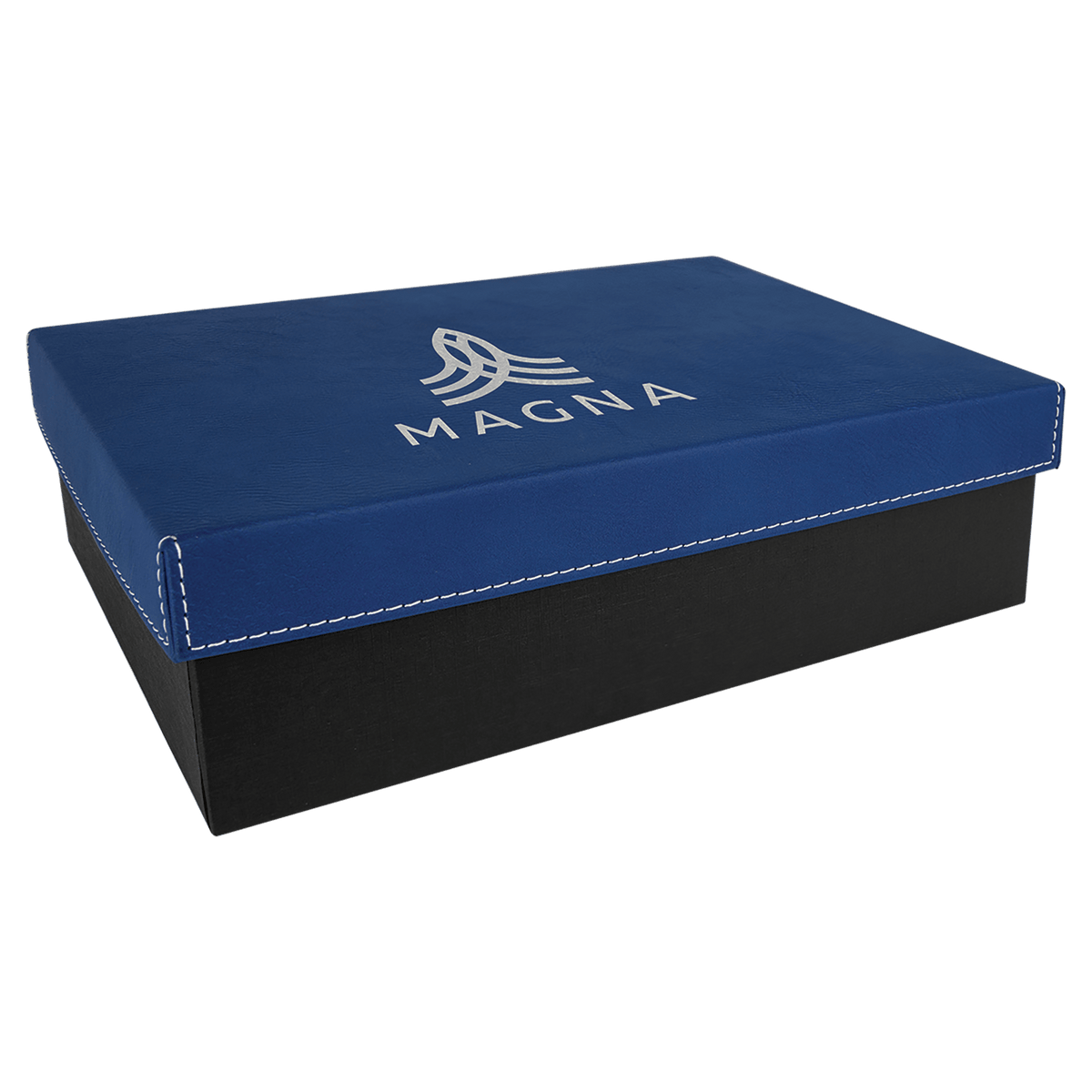 Personalized gift box with blue/silver leatherette lid, medium
