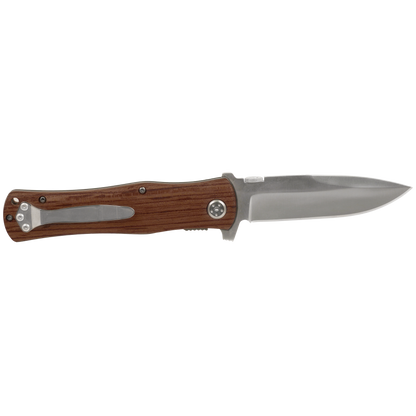 Personalized wood handle pocket knife shown open