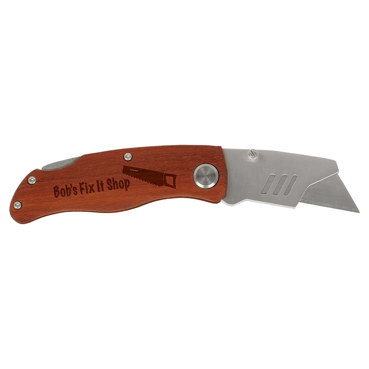 Personalized wood handle folding utility knife