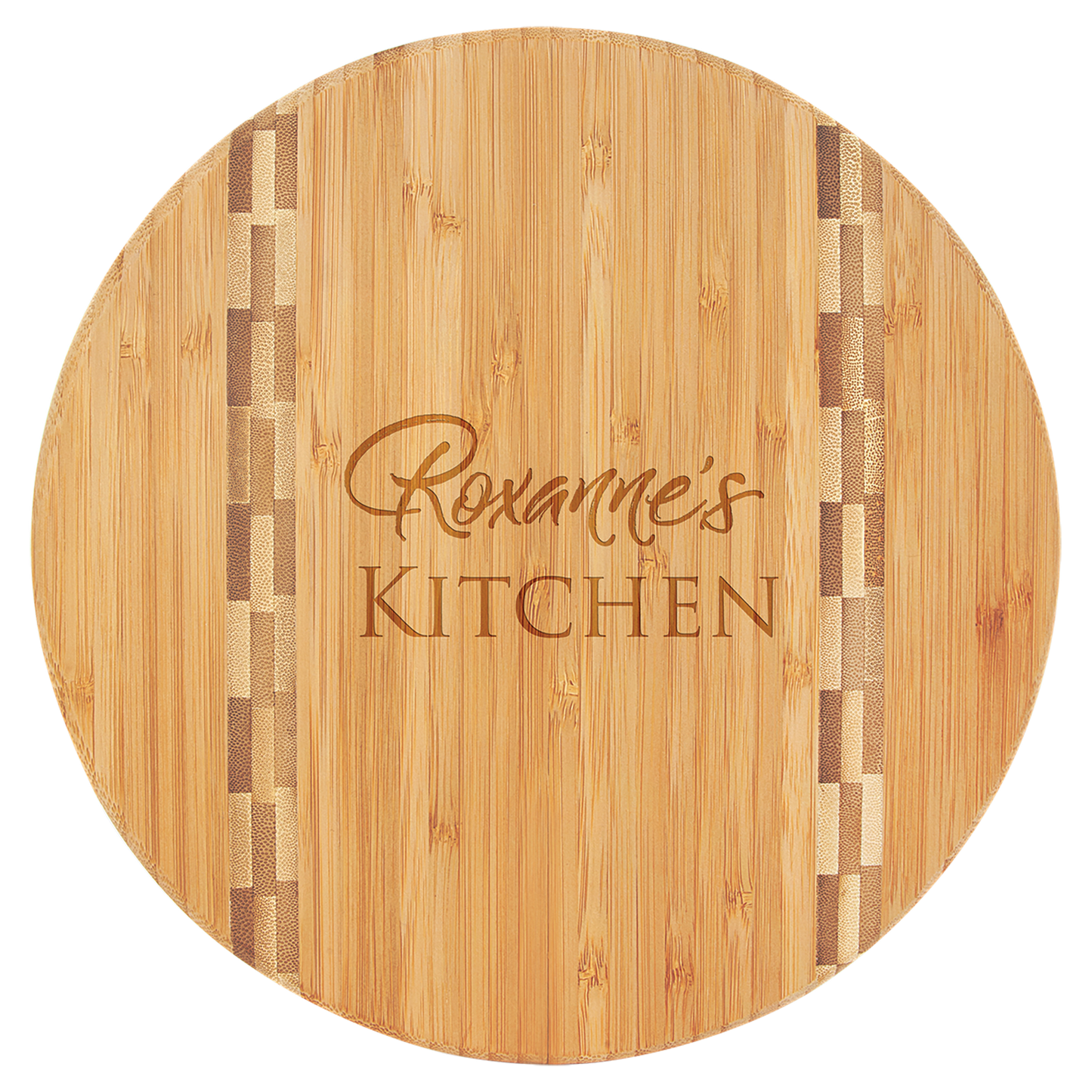 Round wooden cutting board with 'Roxanne's Kitchen' engraving on a clear background