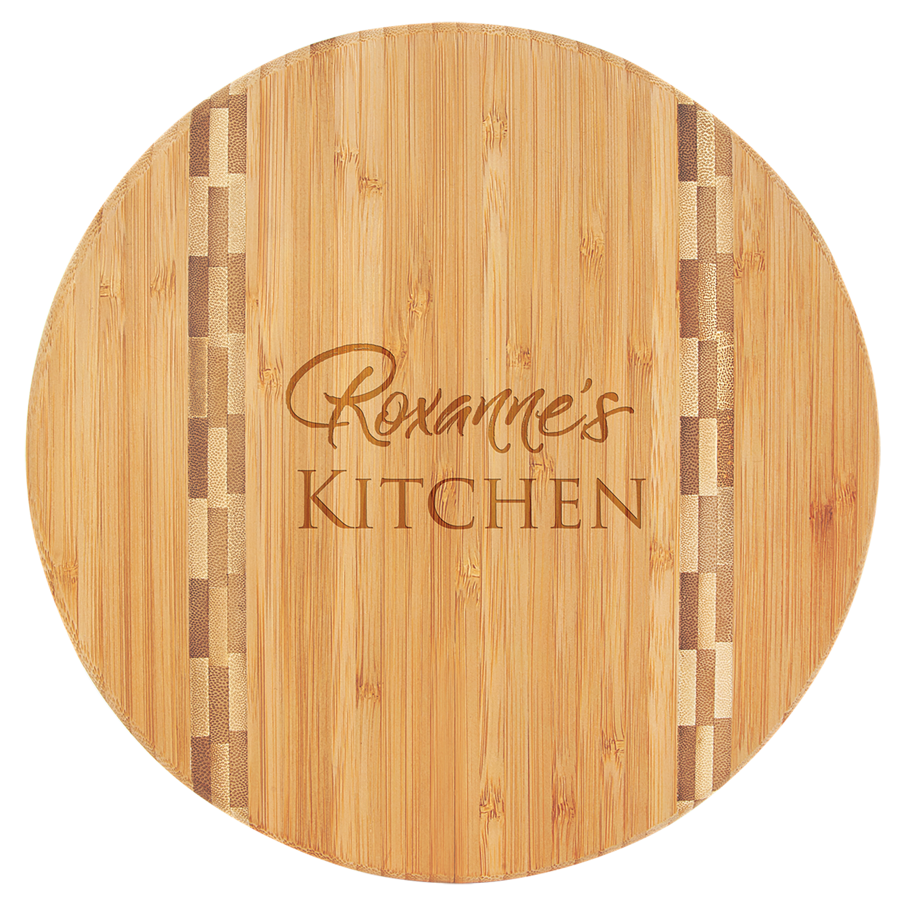 Round wooden cutting board with 'Roxanne's Kitchen' engraving on a clear background