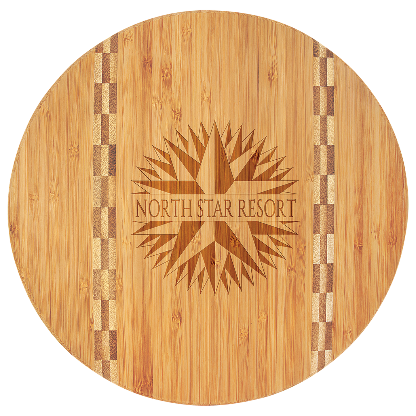 Round wooden cutting board with 'North Star Resort' engraving on a clear background