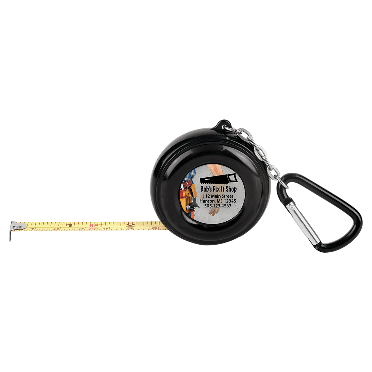 Personalized 6 foot black tape measure keychain with carabiner